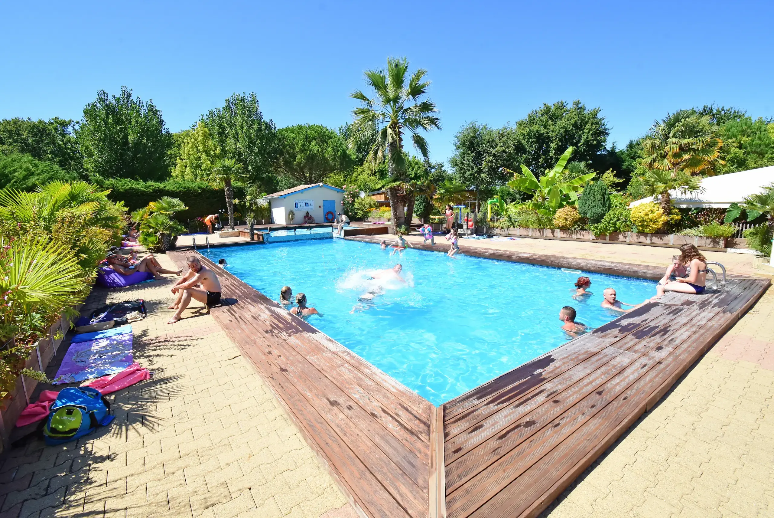 Piscine extérieure avec baigneurs et végétation luxuriante.