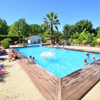 Piscine extérieure avec baigneurs et végétation luxuriante.