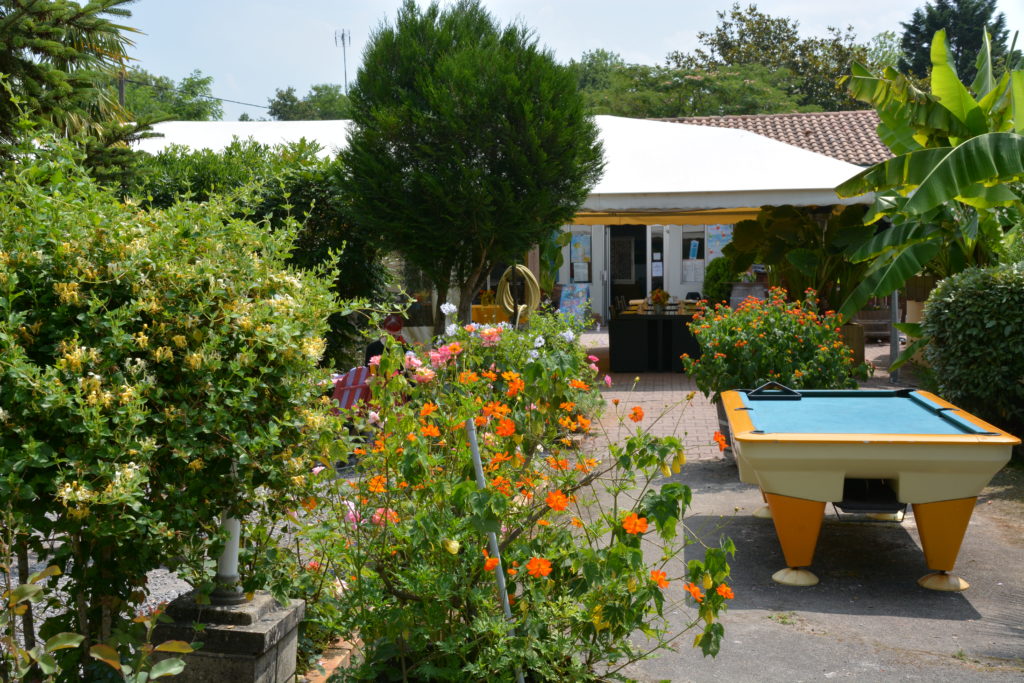 Jardin fleuri avec une table de billard extérieure.