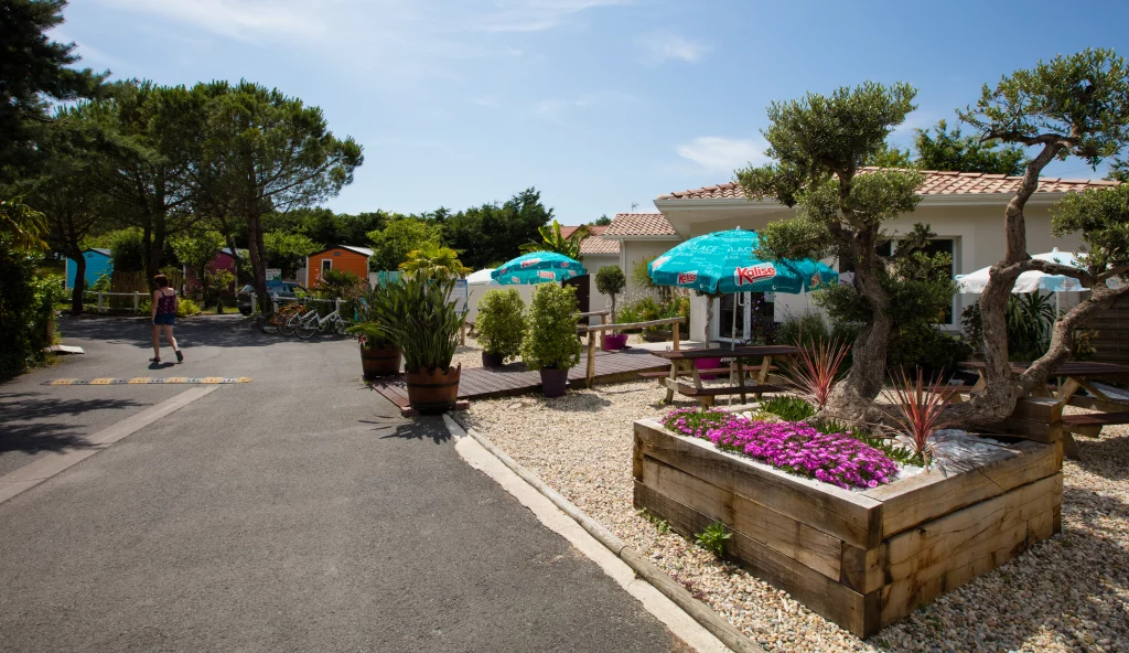 Entrée d'un camping avec fleurs et parasols.