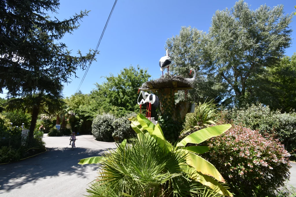Jardin avec cigognes artificielles et enfant à vélo