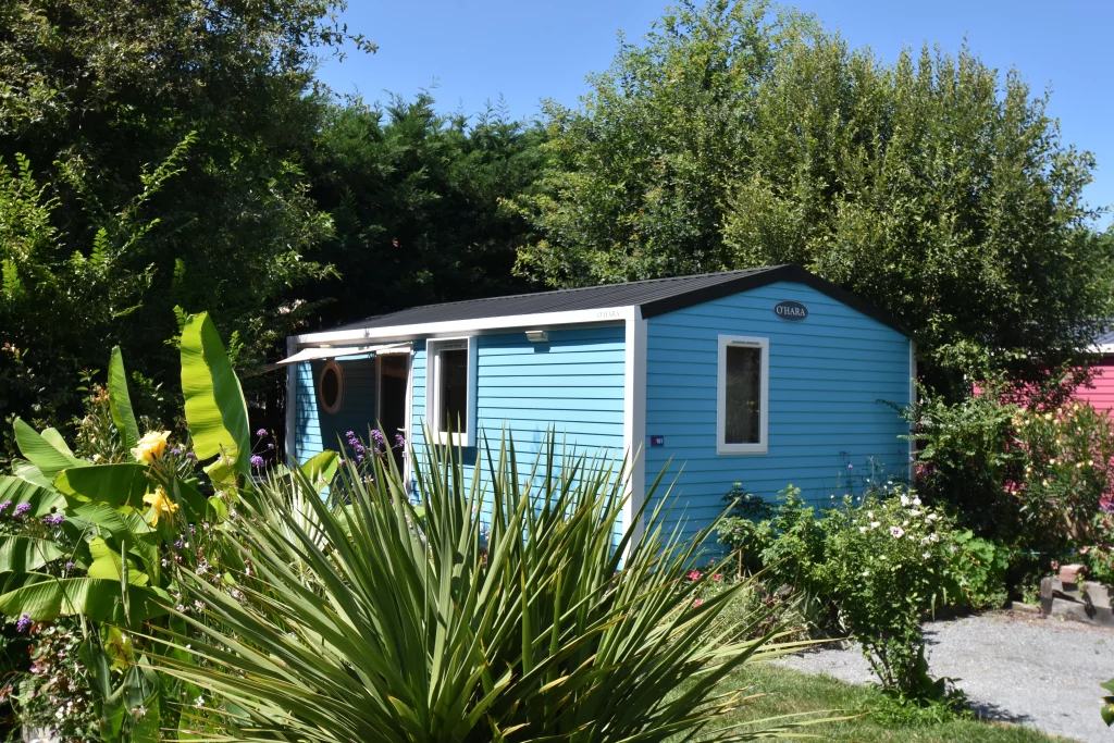 Mobil-home bleu entouré de verdure et fleurs.