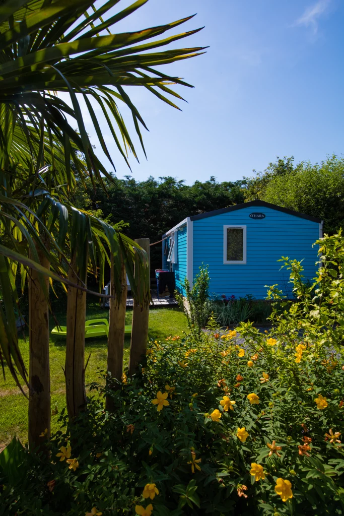 Mobil-home bleu dans un jardin fleuri