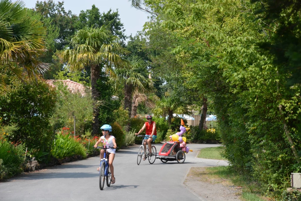 Famille fait du vélo dans parc verdoyant.