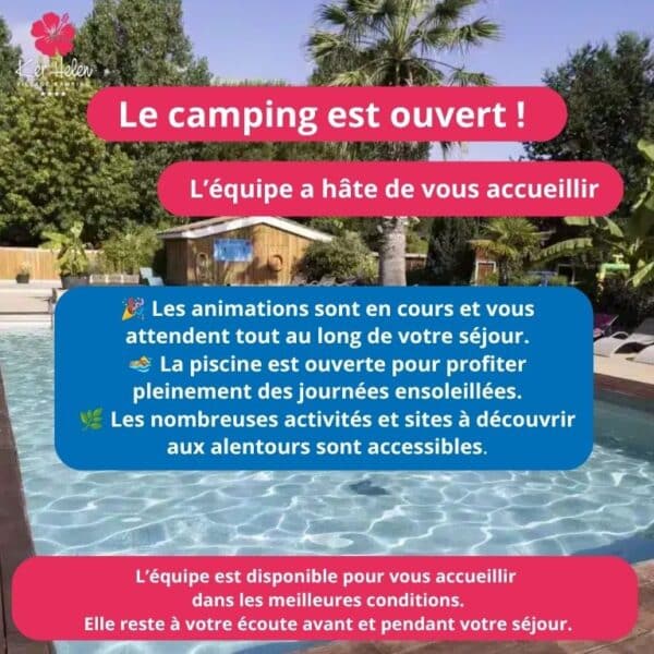 Camping ouvert avec piscine et palmiers